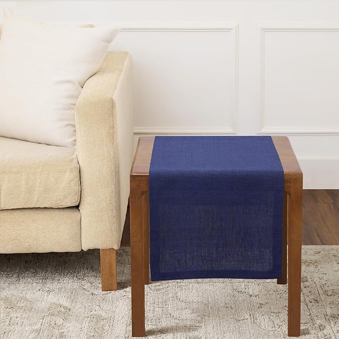 Solino Home Linen Short Table Runner 36 Inches - Athena, 100% Pure Linen Chambray Navy Table Runner 14 x 36 Inch Ideal for Dresser and Coffee Tables - Spring, Summer, 4th of July