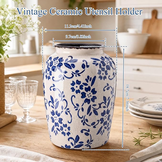 Vintage Kitchen Utensil Holder Chinoiserie Floral Ceramic Utensil Holder Crock Farmhouse Rustic Blue and White Kitchen Decoration for Countertop Organizer