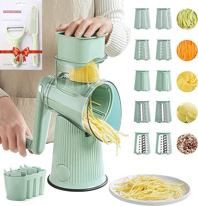 5 In 1 Rotary Cheese Grater Vegetable Slicer for Kitchen, Carrot Shredder Tool-Food Shredders with 5 Sets Interchangeable Blades And Strong Suction Base (Green)