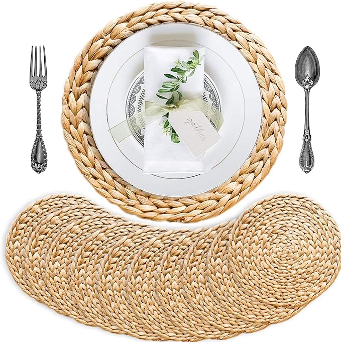 Woven Placemats Set of 10, Table Mats Set of 10, Water Hyacinth Round Placemats for Round Table, Chargers for Dinner Plates, Wicker Chargers for Dinner Plates, Woven Placemat, Place Mats 13.4 in