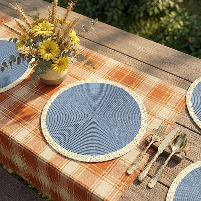 Noctiflorous Braided Round Placemats Set of 6, 15 Inch Woven Table Mats, Non-Slip Washable Place Mats for Kitchen Dining Table Decor (Mint Blue, 6)