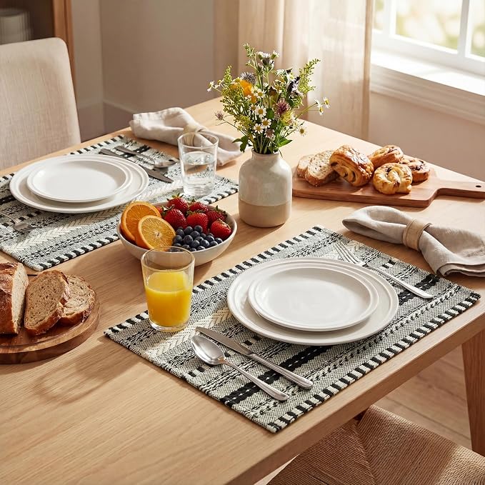 Artoid Mode Black Farmhouse Woven Braided Stripe Placemats Set of 6,12x18 Inch Seasonal Holiday Table Mats Party Kitchen Dining Decoration