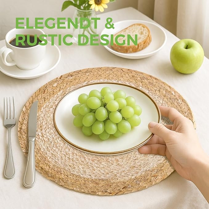 13.5 in Round Woven Place Mats Set of 10, Boho Placemats Rattan Chargers for Dinner Plates, Farmhouse Rustic Placemats Wicker Table Mats Braided Chargers, Natural Beige & Light Brown