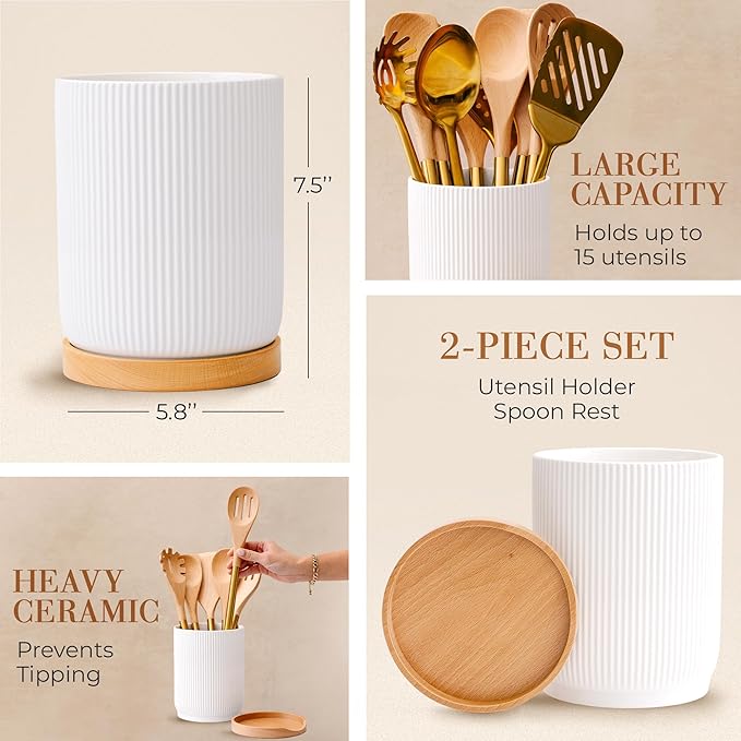 STYLED SETTINGS White Ceramic Utensil Holder with Built-In Wooden Spoon Rest –2PC Set for Kitchen Countertop Organization – Ceramic Utensil Crock & Wood Spoon Rest for Clean, Stylish Cooking