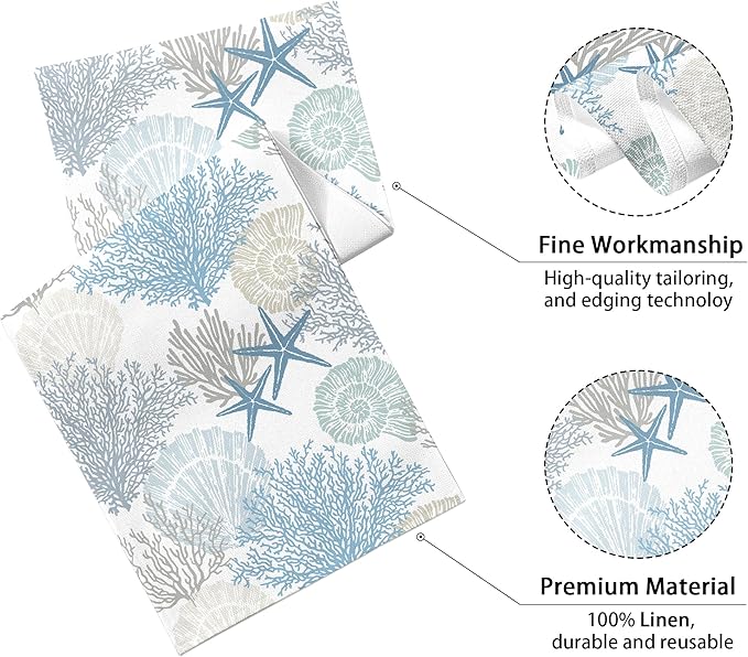 Linen Coastal Table Runner 13x71 Inch Blue Teal Summer Beach Nautical Table Runners Modern Kitchen Dining Table Decorations Rustic Coffee Table Dresser for Home Holiday Party Decor (Blue71)