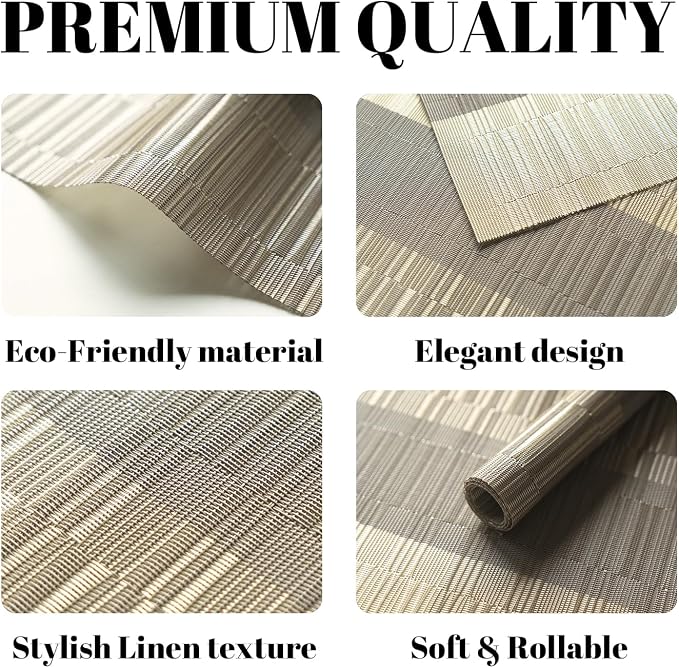 Placemats Set of 6 Vinyl/Plastic Woven Place Mats for Kitchen Table Indoor/Outdoor Washable Placemat Wipeable Dining Table Mats (Ombre Glod,6)