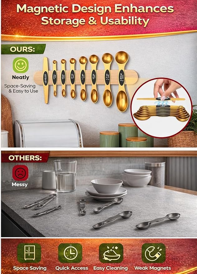 Magnetic Measuring Spoons Set with Strong N45 Magnets, Heavy Duty Stainless Steel Metal, Fits in Most Kitchen Spice Jars for Baking & Cooking, BPA Free, Multicolor, Set of 8 with Leveler(Gold)