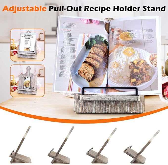 Cookbook Stand Recipe Book Stand: Cook Book Stand for Kitchen Counter, Rustic Cook Book Stand Adjustable Tablet Cookbook Holder, Wood Cutting Board Style Cooking Gift for Woman - Gray