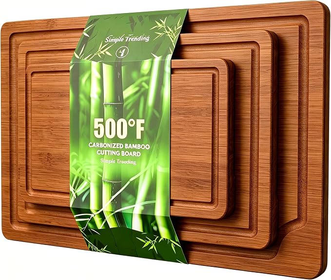Simple Trending Bamboo Cutting Boards for Kitchen, Durable Chopping Boards with Deep Juice Grooves, Set of 3 Butcher Block for Meat, Vegetables and Fruits