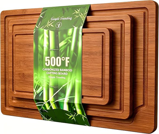 Simple Trending Bamboo Cutting Boards for Kitchen, Durable Chopping Boards with Deep Juice Grooves, Set of 3 Butcher Block for Meat, Vegetables and Fruits