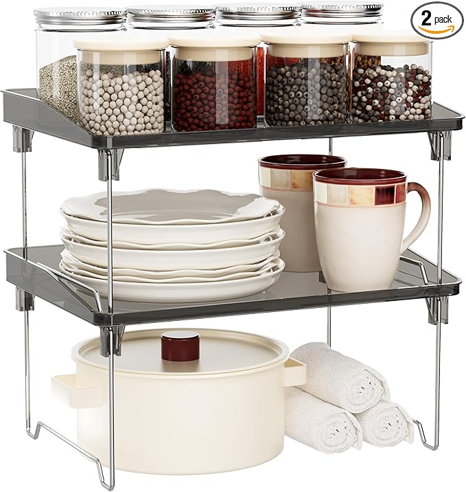 STARLATTA 2 Pcs Cabinet Organizer Shelf，Stackable Kitchen Counter Shelves, Spice Rack,Countertop Organizers，Black Plastic Storage Shelves Rack for Makeup，Bathroom, Cupboard，Desk，Pantry Organization