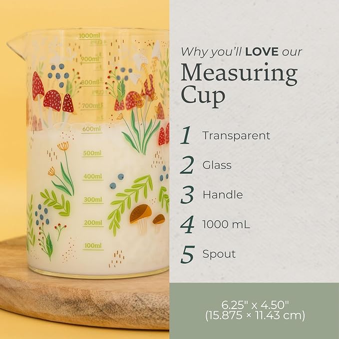 Steel Mill & Co. 1000mL Glass Measuring Cup for Liquid, Mushrooms | Glass Beaker Kitchen Tool, Cottagecore, Hippie, Fairycore Kitchen Aesthetic Home Decor and Accessory