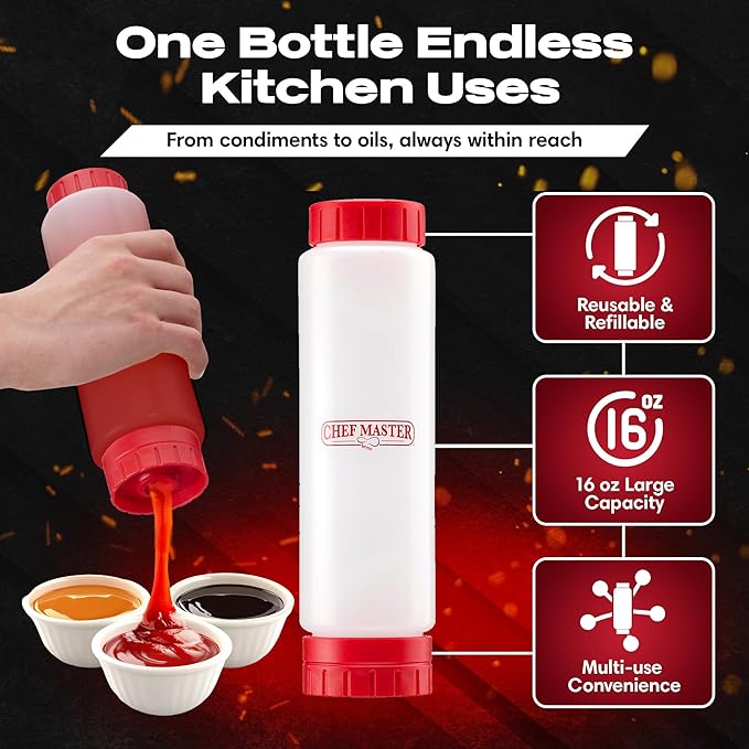 Chef Master 16 Oz. Squeeze Bottles for Sauces (6-Pack) - FIFO, Inverted - Condiment Squeeze Bottles for Liquids, Sauces, Batter & Dressing - Fill & Flip, Refillable - For Restaurants & Diners - 90291