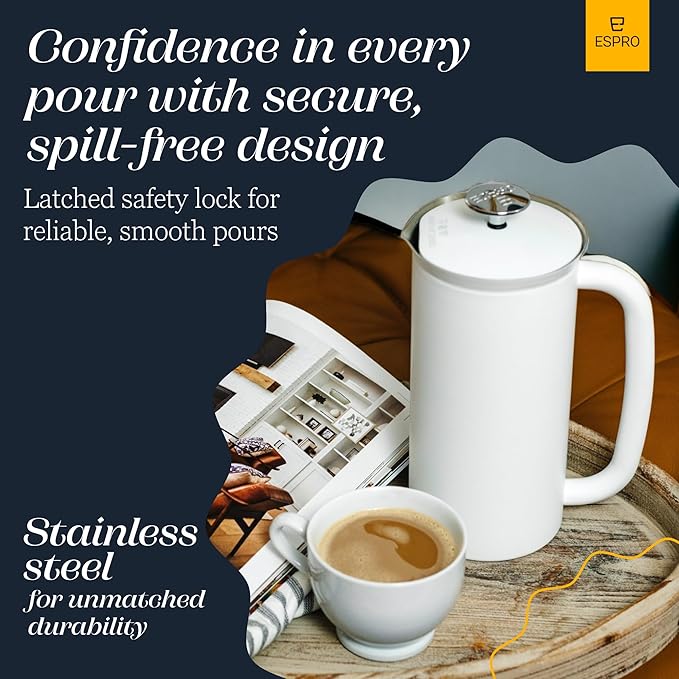 ESPRO Pro P7 French Press Coffee Maker - Double-Walled Stainless Steel Insulated with Micro-Filter - Matte White 32 oz