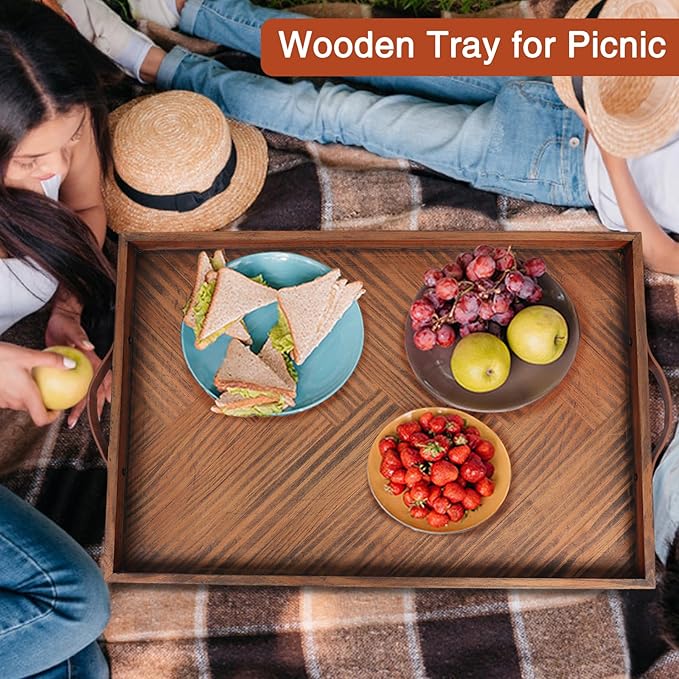 SXNOWS Large Ottoman Wooden Trays, Wood Serving Tray with Handles, Large Ottoman Tray, Wooden Serving Trays for Coffee Tables, Living Rooms and Kitchens, 24 x 16 inch