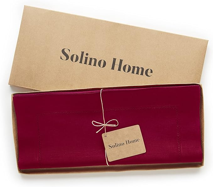 Solino Home Cotton Linen Red Table Runner 90 Inches Long - Hemstitch 14 x 90 Inch Table Runner for 4th of July