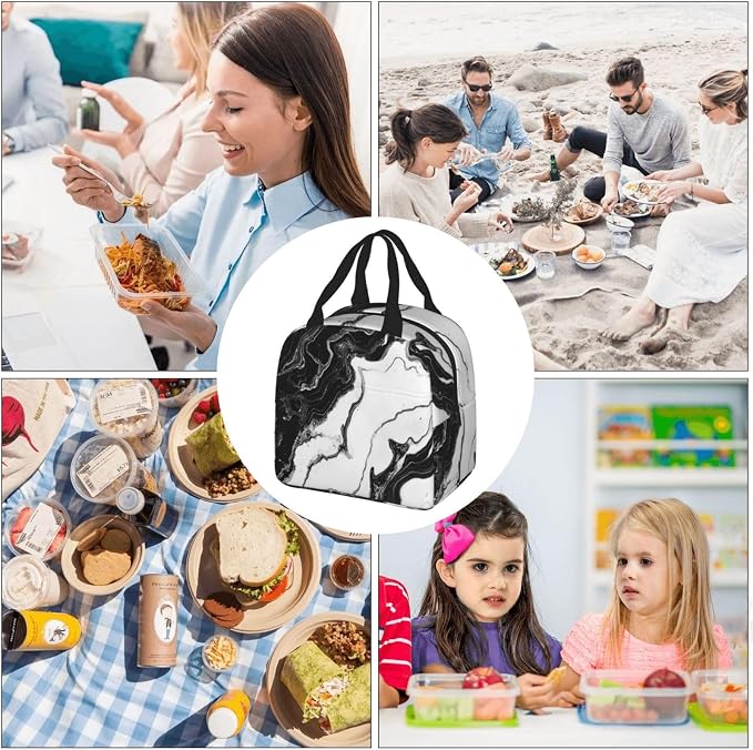 Insulated Lunch Bag Marble Black White Liquid Abstract, Leakproof Lunch Tote for Work School, Reusable Lunch Box Cooler for Adults Students, Compact Lunch Bag for Office College Picnic