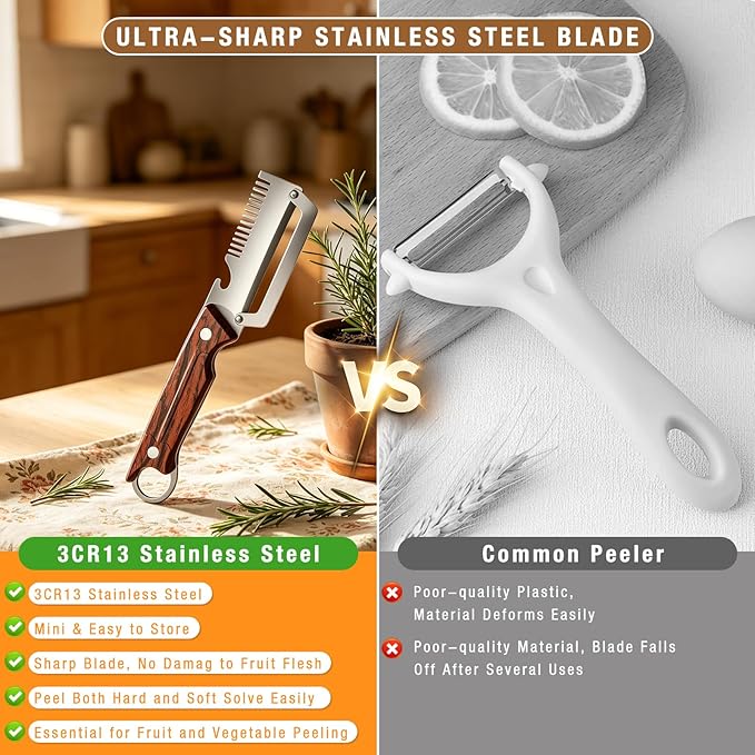 3-1 Multi-functional Vegetable Peeler, 2026 New Stainless Steel Peeler with Wooden Handle & Bottle Opener and Grater, Kitchen Tool Peeler for Peeling Fruits and Shredding Scallions