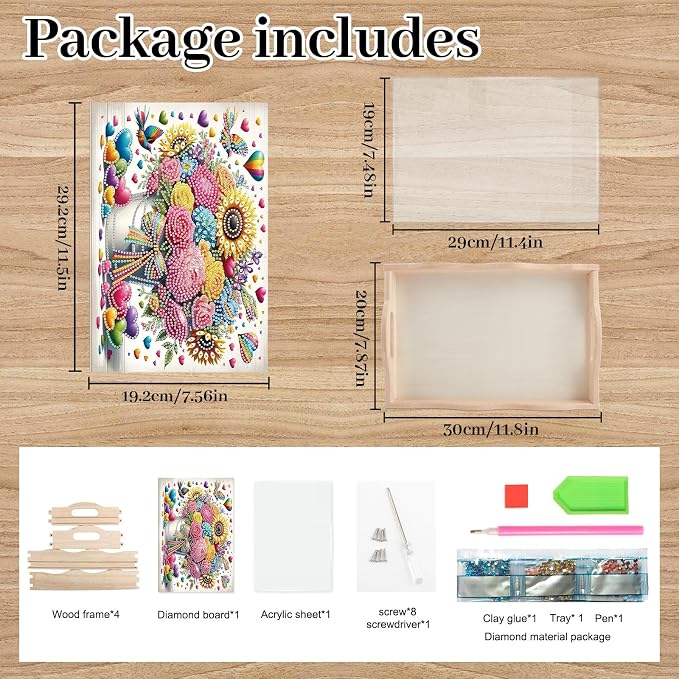 DIY Diamond Serving Tray Rectangular Breakfast Tray with Handle Handmade Diamond Art Painting Wooden Tray for Dinner Plate Coffee Room Living Home Organizer-Bouquet