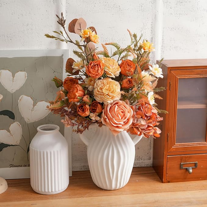 17-inch Artificial Fake Flowers Silk Flower Arrangements Faux Bouquets Consists of Ranunculus, Wild Chrysanthemums, Roses, Hydrangeas and Some Filler Greens