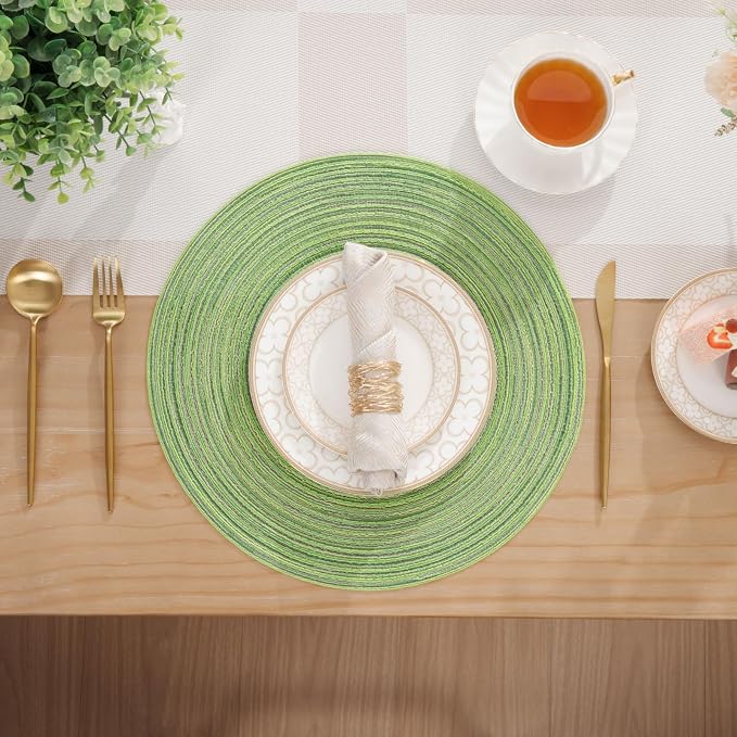SHACOS Round Placemats Set of 8 Washable 15 inch Round Table Mats Braided Non Slip Fabric Place Mats for Dining Table Indoor Outdoor (Mixed Color Pea Green, 8)