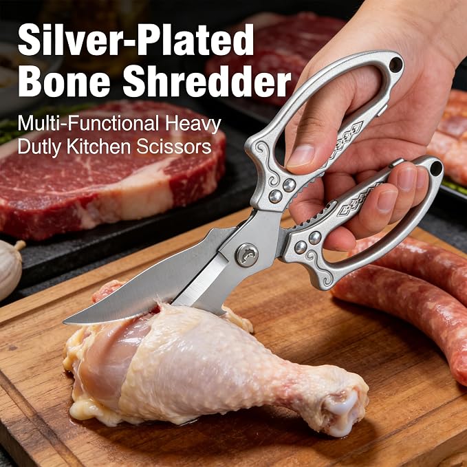 Silver Kitchen Shears Heavy Duty Stainless Steel, Multipurpose Cooking Scissors for Meat, Chicken, Poultry & Vegetables, Sharp Food Scissors for Kitchen Use