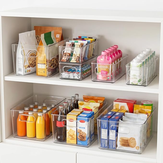 YKIOKE 8 Pack Clear Plastic Storage Bins with Handles,4 Large and 4 Small Stackable Organizer Containers for Kitchen, Countertops, Cabinets, Fridge, Drinks, Fruits, Vegetable, Cereals