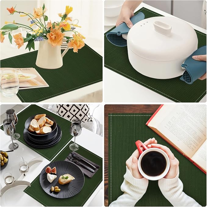Niviy Dark Green Christmas Placemats Set of 4, 12x18 Inch Washable Easy to Clean Heat-Resistant Anti-Skid Grey Placemats for Holiday Party Kitchen Dining Room Decoration