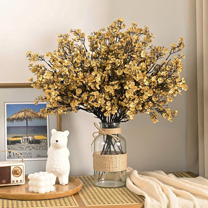 Waipfaru 15 Pcs Baby's Breath Artificial Flowers Gypsophila for Home DIY Floral Arrangement Table Centerpiece Living Room Christmas Decoration (Gold)