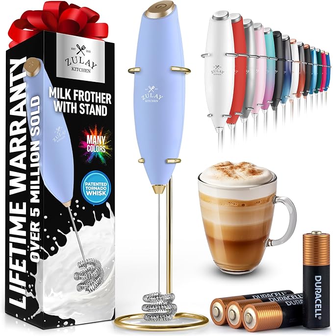 Zulay Kitchen Powerful Milk Frother Wand With Duracell Batteries - Ultra Fast Handheld Drink Mixer - Electric Whisk Foam Maker for Coffee, Lattes, Cappuccino & Matcha - Triple Whisk - Noble Lavender