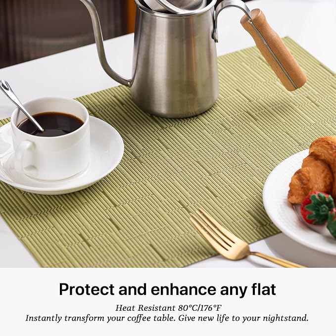 LEXMORE Placemats Set of 12 Vinyl/Plastic Woven Place Mats for Kitchen Table Indoor/Outdoor Washable Placemat Wipeable Dining Table Mats(Pea Green)