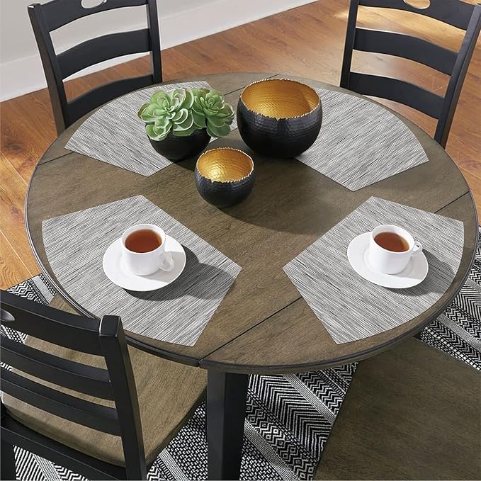 SHACOS Round Table Placemats Set of 5 Woven Vinyl Wedge Placemats with Centerpiece Round Table Mats Heat Resistant Wipe Clean (5, Silver Grey)