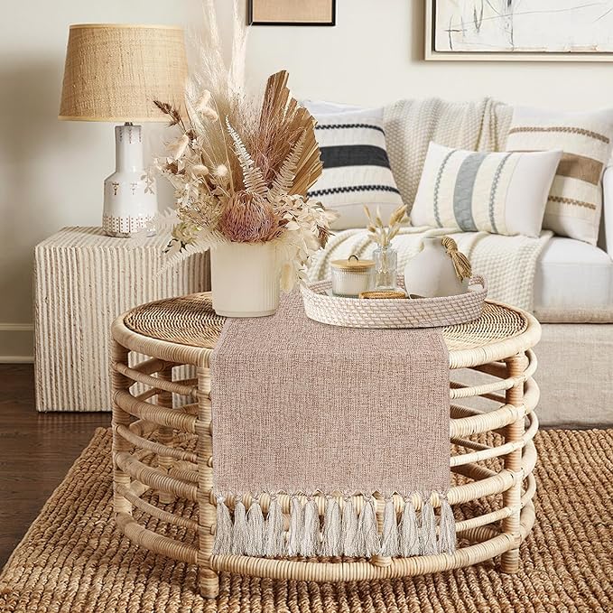 yuboo Boho Table Runner 48 Inches - Neutral Coffee Table Runner for Living Room, Spring Mother‘s Day Decor, Small Round Dining Table, Dresser Scarves (55" with Tassels)