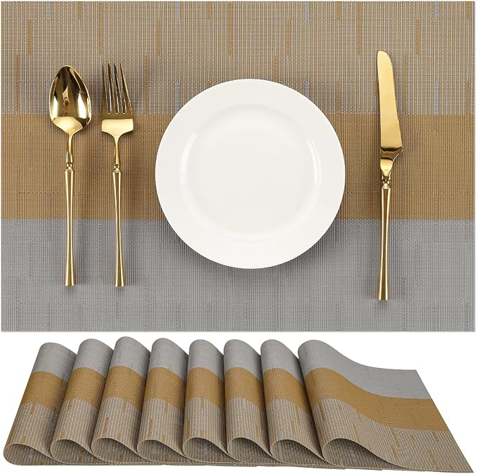 Placemats Set of 8, Vinyl Woven Place Mats Indoor Set of 8 Washable Wipeable PVC Table Mats Heat-Resistant Non Slip Placemat for Kitchen Dining Outdoor Table (Gray Light Brown, Set of 8)