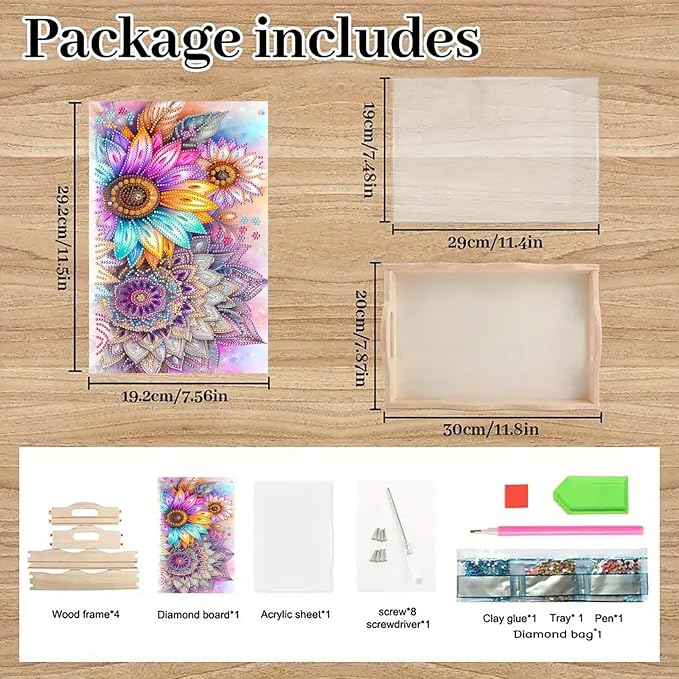 BAYUNOE DIY Diamond Serving Tray Christmas Rectangular Breakfast Tray with Handle Handmade Diamond Art Painting Wooden Tray for Dinner Plate Coffee Room Living Home Organizer-Mandala