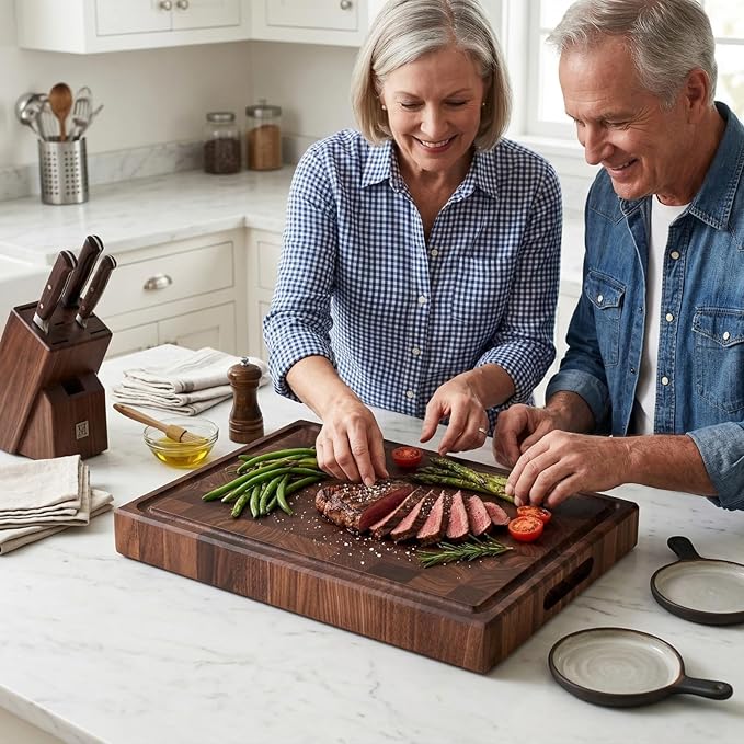 muso wood End Grain Cutting Board, Black Walnut Wood, 2" Thick Dual-Sided Wooden Chopping Board with Juice Groove & Handle - Idea for meat cutting, vegetable dicing, and fruit processing, 16 x 12 inch