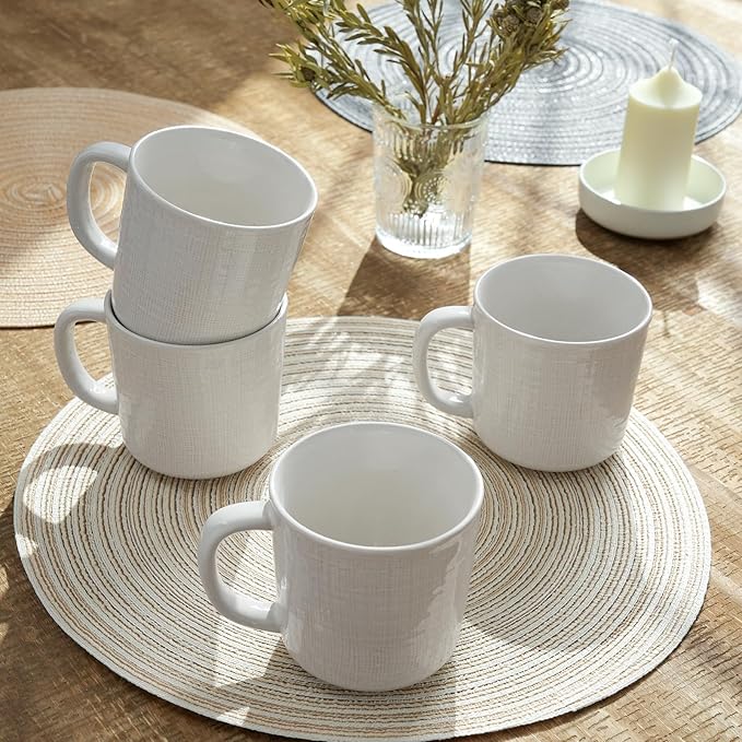 famiware Moonlight Coffee Mug Set of 4, 14oz Mug Set with Linen Finish, Coffee Cup Set with Handle for Latte, Cappuccino, Tea, Hot Cocoa, Microwave and Dishwasher Safe, White