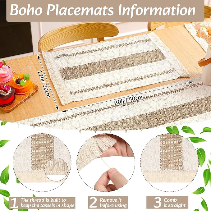 Boho Placemats 4/6/8 Set of Round Woven Placemat Macrame Style Bicolor Stitching Long Table Runner Farmhouse Rustic Natural Burlap Cotton for Kitchen Dining Table(6 Sets,Khaki A,12x72)