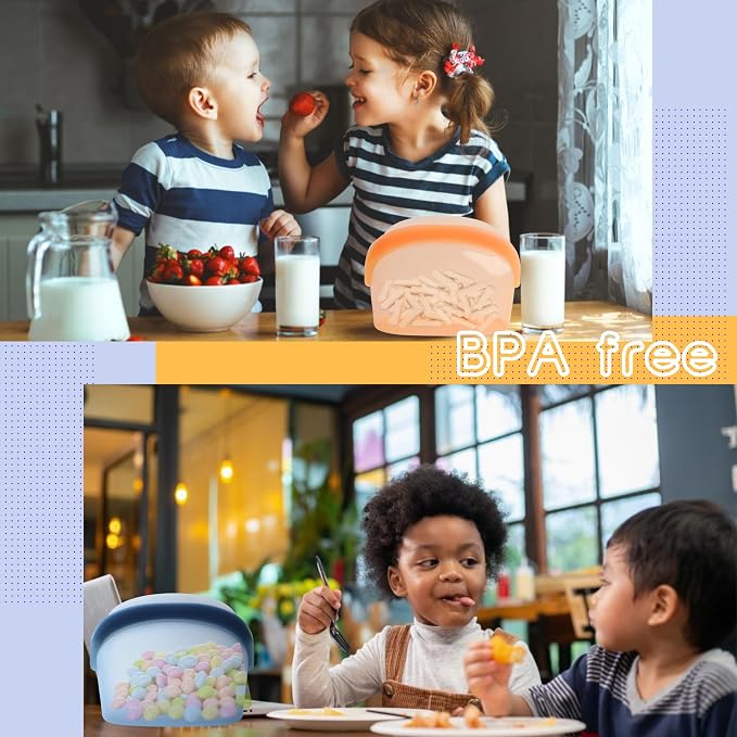 Platinum Silicone Reusable Food Storage Bags 34oz/17oz 2pcs,Blue/Orange Leakproof Seal Stand-Up Dishwasher & Microwave Safe, BPA Free, Silicone Snack Bags