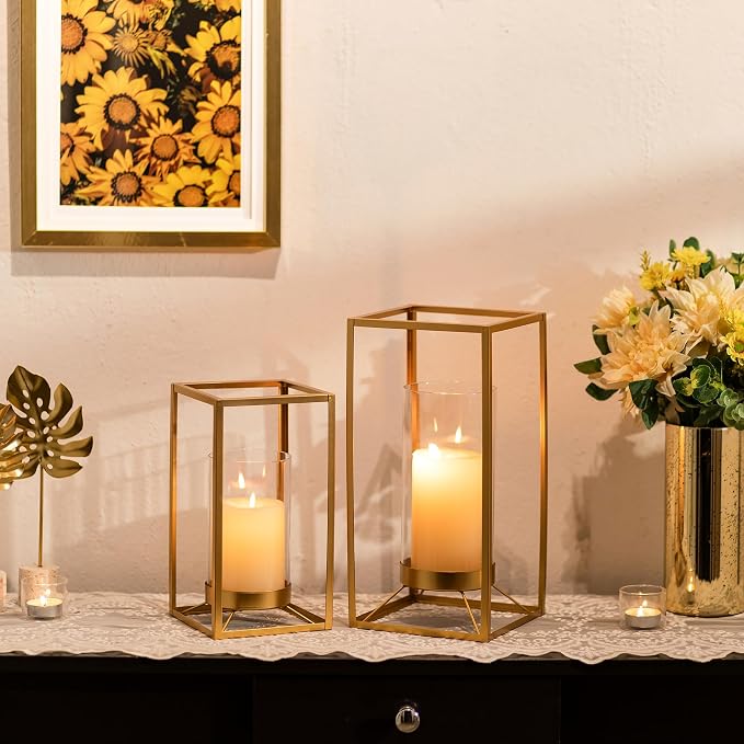 Gold Lantern Decorative Indoor: Set of 2 Wedding Lanterns with Hurricane Glass Modern Candle Holder for Table Centerpiece Fireplace Mantles Kitchen