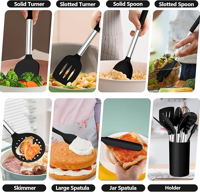 TeamFar Kitchen Utensil Set of 14, Silicone Cooking Utensil Set with Stainless Steel Handle, for Frying Serving Flipping Draining, Non-toxic & Heatproof, Nonstick & Dishwasher Safe - Black