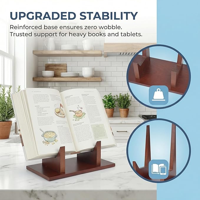 Wooden Cookbook Stand,Multifunctional Kitchen Book Stand,Cookbook Holder for Kitchen Counter Decor,Recipe Book Stand, Rustic Recipe Book Holder Stand