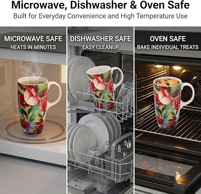 DUSVALLY 17oz Ceramic Coffee Mug with Lid & Handle – Large Travel Mug for Men Women, Microwave & Dishwasher Safe, Red Flowers – Ideal for Office, Home & Gift Giving
