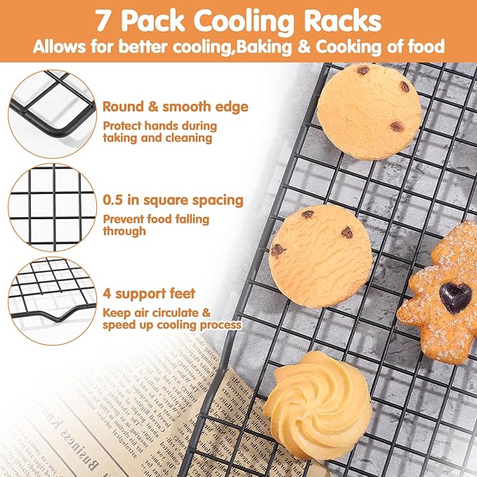 7PCS Carbon Steel Cooling Racks 16"x10", Heavy Duty Wire Baking Rack for Cooking, Roasting, Grilling and Drying, Oven Safe Nonstick Cookie Rack, Fits Half Sheet Pan, Dishwasher Safe