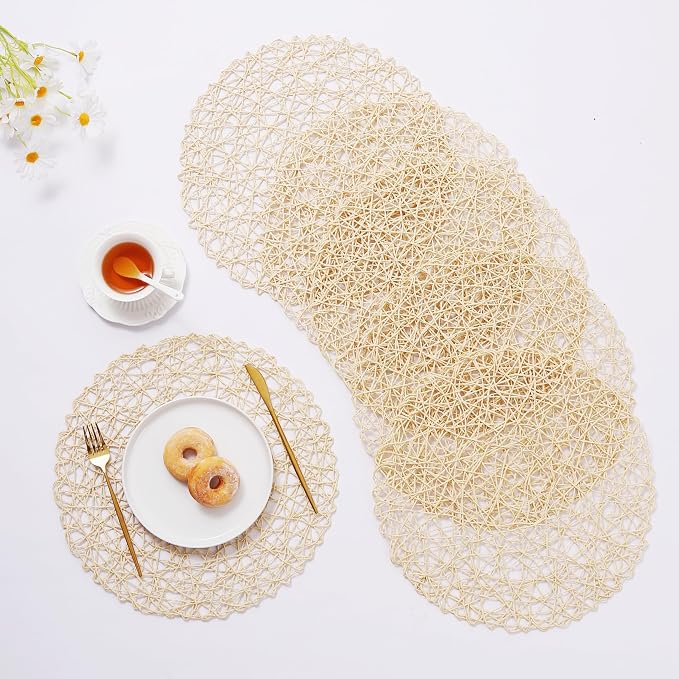 IcosaMro Beige Round Placemats Set of 6 for Dining Table, 15 Inch Paper Woven Boho Decorative Circle Place Mat for Wedding Christmas Thanksgiving Day Holiday Dinner, Beige