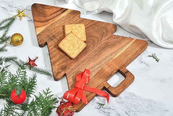 Treen Art Wooden Christmas Tree Cutting Board for Kitchen Decor, 14"L x 11"W Tree Shaped Acacia Wood Chopping Board with Handle, Serving Charcuterie Platter