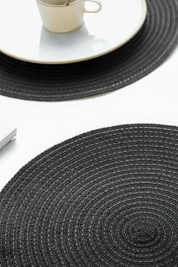 Floroom 15 Inch Round Braided Placemats Set of 6, Washable Heat Resistant Cotton Polyester Circle Place Mats for Kitchen Dining Table - Black