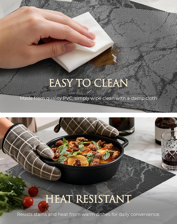 Leetaltree Reversible Marble Placemats Set of 12 - Ships Flat and Stays Flat, Durable Washable Vinyl PVC Placemats, Heat Resistant, Easy Wipe Clean (Black Marble Pattern)