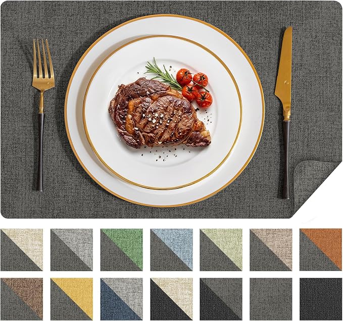 Romanstile Vinyl Placemats Set of 8, Reversible Faux Leather Heat Resistant Wipeable Table Mats, Waterproof Washable Non-Slip Table Placemats for Dining/Kitchen/Party/Outdoor (Dark Gray, 12" x 17")