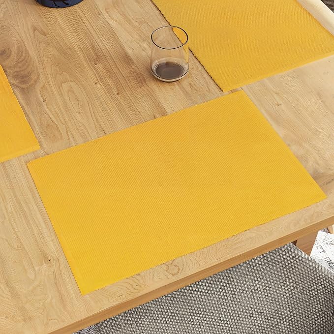 Encasa XO Dining Placemat Set of 6 | Yellow Color | Fine Ribbed Cotton Table mat | Size 19x13 in | Machine Washable